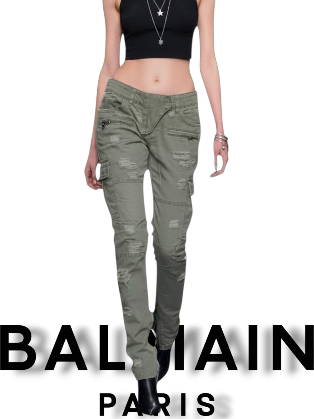 Balmain Olive Green Skinny Cargo Jeans for Women